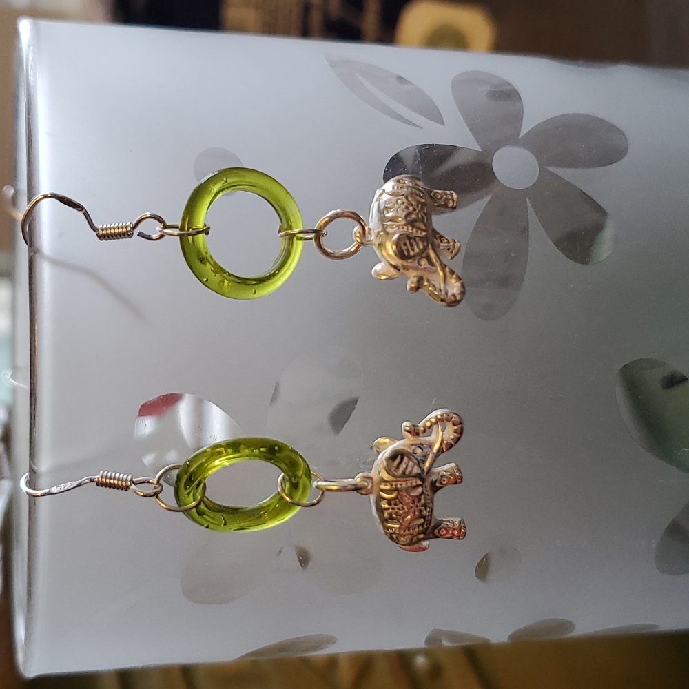 Green Glass and Elephant Earrings